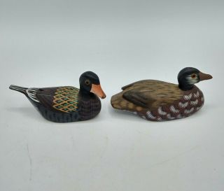 Vintage Set 2 Small Hand Painted Wooden Duck Figurines