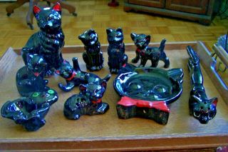 10 Black Cat Figurines - Includes Ashtrays & Salt & Pepper Shakers