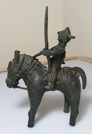 A Rare 17th/18thc South Indian Tamil Nadu Bronze Of A Guardian On Horseback.