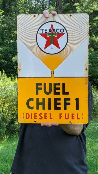 Large Old Vintage 1962 Texaco Fuel Chief Porcelain Gas Oil Sign Gasoline Station