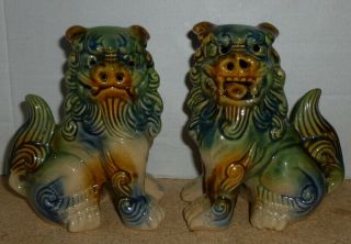 Vintage Chinese Asian Glazed Ceramic Foo Lion Dog Statues - Pair