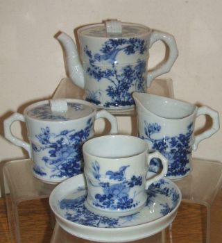 Japanese Blue And White Bamboo Teaset - Teapot,  Sugar Bowl,  Milk Jug,  Cup & Saucer