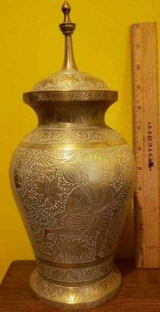 Antique Chinese Brass Urn With Lid,  Hand Engraved Asian Theme 12 In.  High