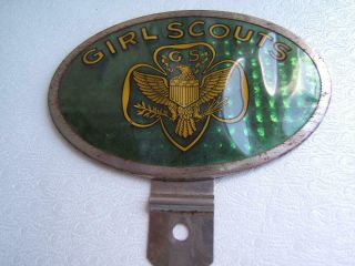Vintage Girl Scout Green & Gold Reflective License Plate Topper Advertising