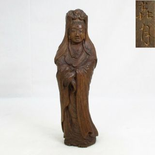 C184: Japanese Statue Of Kannon (guanyin) Of Old Wood Carving Ware With Sign