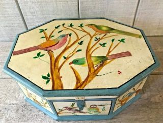 Vintage Hand Painted Octagon Wood Wedding Keepsake Box Folk Art Birds 12” X 6”