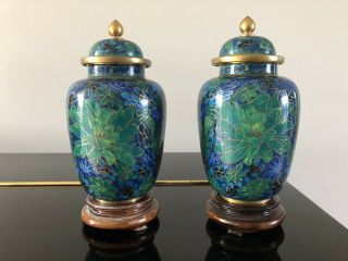 2 Antique Vintage Chinese Jingfa Enamel Cloisonné Vases Stand Blue Green Pair