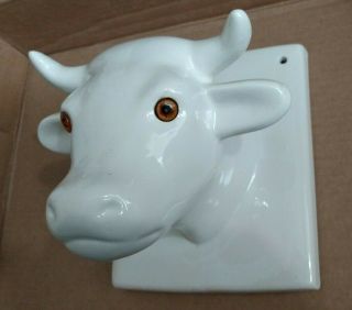 Vintage White Ceramic Cow / Bull Head Wall Hook - Large - Towel Or Apron Holder