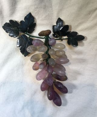 Vintage,  Chinese Carved Amethyst Stone Grape Cluster With Jade Leaves