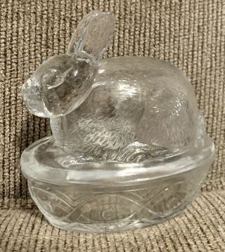 Vintage Galerie Clear Glass Bunny Rabbit On The Nest Candy Trinket Dish Figurine