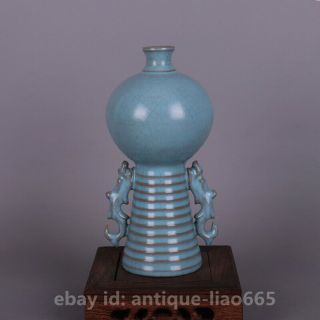 7.  3 " Chinese Ru Kiln Porcelain Blue Glaze Beast Ear Round Ball Flower Bottle Vase