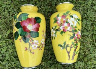 Gorgeous Ming Tree Pattern Cloisonné Vase Set Wire & Wireless Silver Fitters