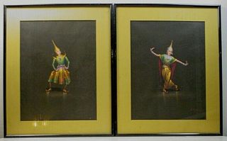 Pair Vintage Thai Lakhon Charoen Gouache On Paper ‘thai Dancer’ Paintings