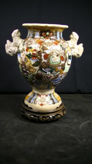 Antique Chinese Hand Painted Moriage Vase W.  Foo Dog Handles & Carved Wood Base