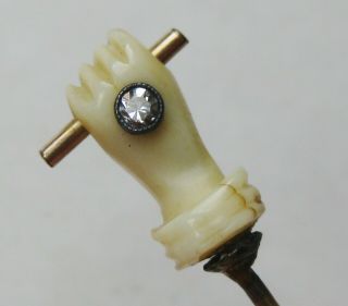 Fine Antique 10k Yellow Gold Victorian Carved Hand Diamond Vtg Stick Pin
