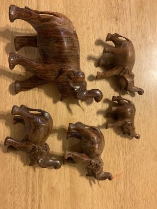 5 Vintage Hand Carved Wooden Elephant Figurines