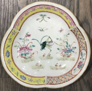 Antique Chinese Famille Rose Pedestal Dish Enamel Very Rare Trefoil Shape