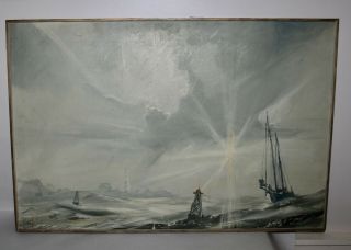 Vtg 1965 Dan Dunn Oil Painting Ocean Scene Lighthouse Boat Florida Listed Artist