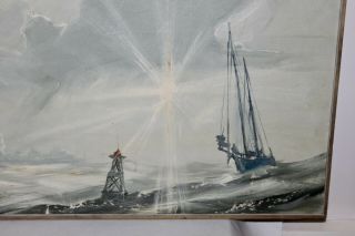 Vtg 1965 DAN DUNN Oil Painting OCEAN SCENE Lighthouse BOAT Florida Listed Artist 2