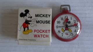 Vintage 1970s,  Bradley Red Mickey Mouse Pocket Watch W/box,  Hand - Wound,  Runs
