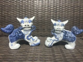 Large Vintage Blue & White Porcelain Foo Dog Statues Made In China