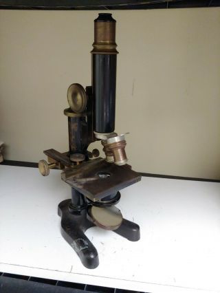 Antique Microscope E Leitz Wetzlar With To Bausch & Lomb Lenses Vintage.