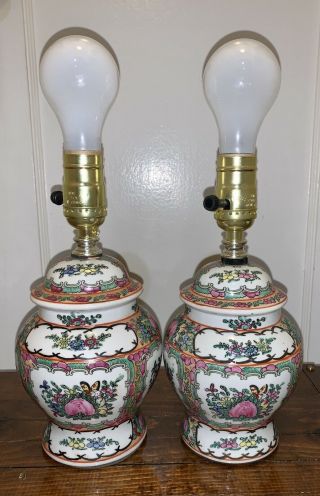 Two (2) Famille Rose Porcelain Medallion Ginger Jar Vase Bed Desk Lamp Light Set