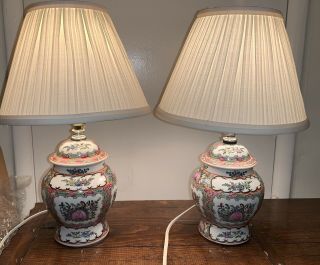 Two (2) Famille Rose Porcelain Medallion Ginger Jar Vase Bed Desk Lamp Light Set 2