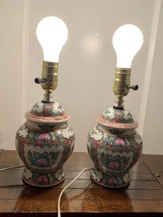 Two (2) Famille Rose Porcelain Medallion Ginger Jar Vase Bed Desk Lamp Light Set 3