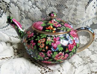 Vintage Royal Winton Grimwades Teapot - Chelsea - Black W/ Pink Roses