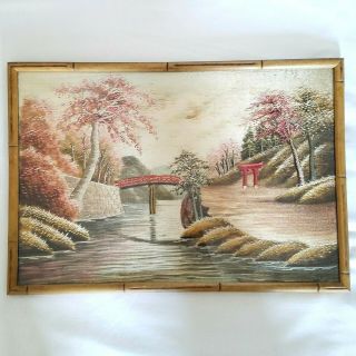 Vintage Japanese Silk Embroidery Cherry Blossom Landscape Water Bridge Framed