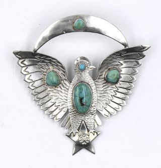 Vintage Old Pawn Southwestern Turquoise Bird Moon Pin Brooch Sterling Silver 925