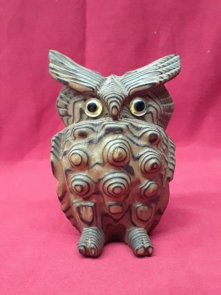 Vintage Mid Century Japanese Carved Wood Wooden Horned Owl 4 " Tall