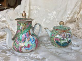 2 Chinese Antique Porcelain Miniature Teapots Canton Famille Rose