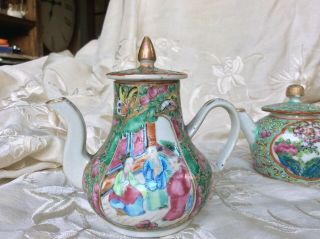 2 Chinese Antique Porcelain Miniature Teapots Canton Famille Rose 2
