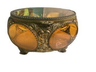 Vintage Stylebuilt Amber 6 Glass Beveled Window Ormolu Casket Jewelry Box