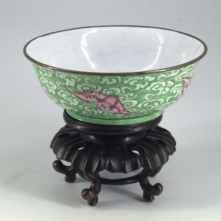Chinese Canton Enamel Bowl,  Bats And Clouds,  Four Character Mark 19th Century