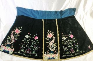 Antique Floral Embroidered Chinese Black Silk Panel Wedding Skirt
