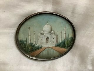 ANTIQUE HAND PAINTED INDIAN MINIATURE PAINTING OF THE TAJ MAHAL,  6.  6 X 5.  4 CM 2
