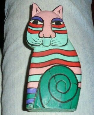 Laurel Burch Style Hand Painted Carved Wooden Cat Figurine 5 In Tall Pink/blue