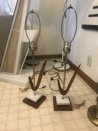 Pair Vintage Mid Century Modern Italian Table Lamp Walnut and Marble Danish 2 2