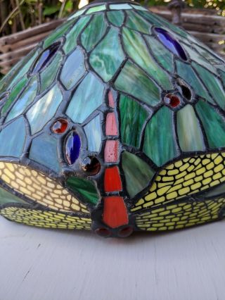 Exquisite Vtg Tiffany Style Dragonfly Leaded Glass Lamp - Multi Color Cabochons