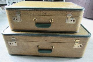 Antique Vintage Tweed Green Hard Shell Travel Suitcase Luggage Set Of 2