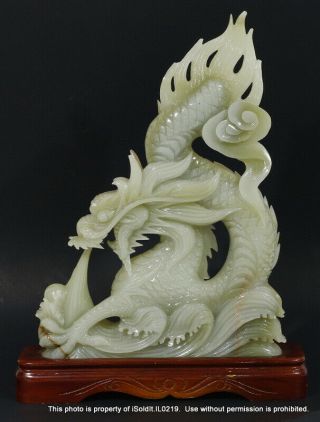 Vintage Large Green Jade Dragon Sculpture Figurine W/ Base