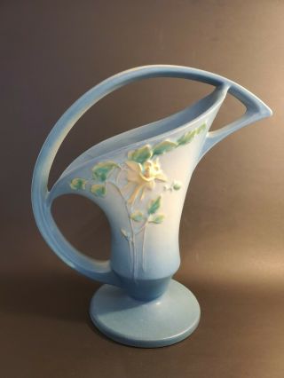 Roseville Pottery Columbine Blue Basket Large Vintage Floral Vase With Handle