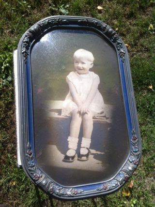 Vtg 1920s Art Deco Oval Young Child Convex Bubble Glass Barbola Flower Frame