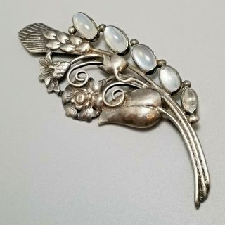 Vintage Walter Lampl Sterling Silver 5 Moonstone Floral Bouquet Brooch Pin 3.  25 "