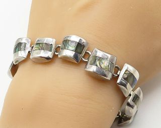 925 Sterling Silver - Vintage Inlay Abalone Shell Chain Link Bracelet - B4143