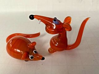 2 Vintage Hand Blown Glass Murano Style Mouse Rats Red Color Art Figurine