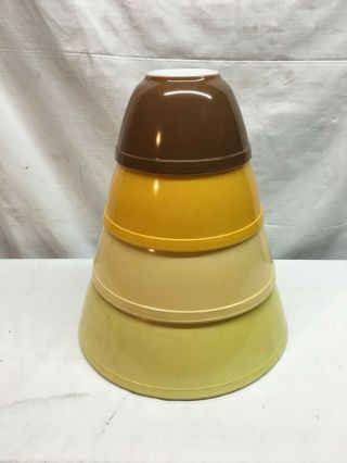 Vtg 4pc 60’s Pyrex Yellow Brown Nesting Mixing Bowls 1970s